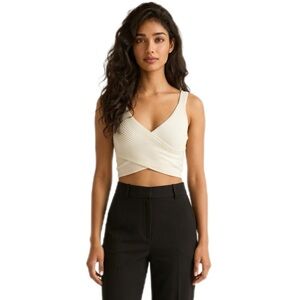 SIGNIFICANT OTHER Ribbed Wrap V-Neck Crop Tank Top in Cream
